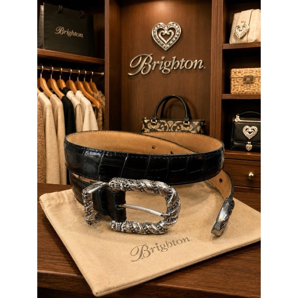 Brighton Black Croc Embossed Leather Belt Silver Buckle USA Women’s Medium 35